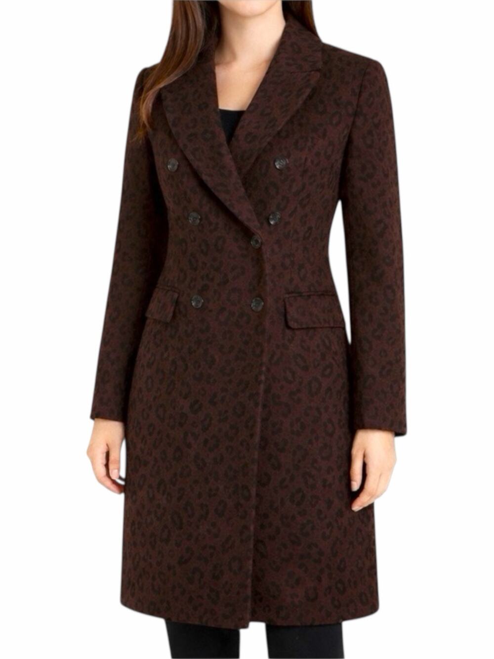 Ann Taylor Wool Blend Chesterfield Coat Brown Cheetah Print Size XL